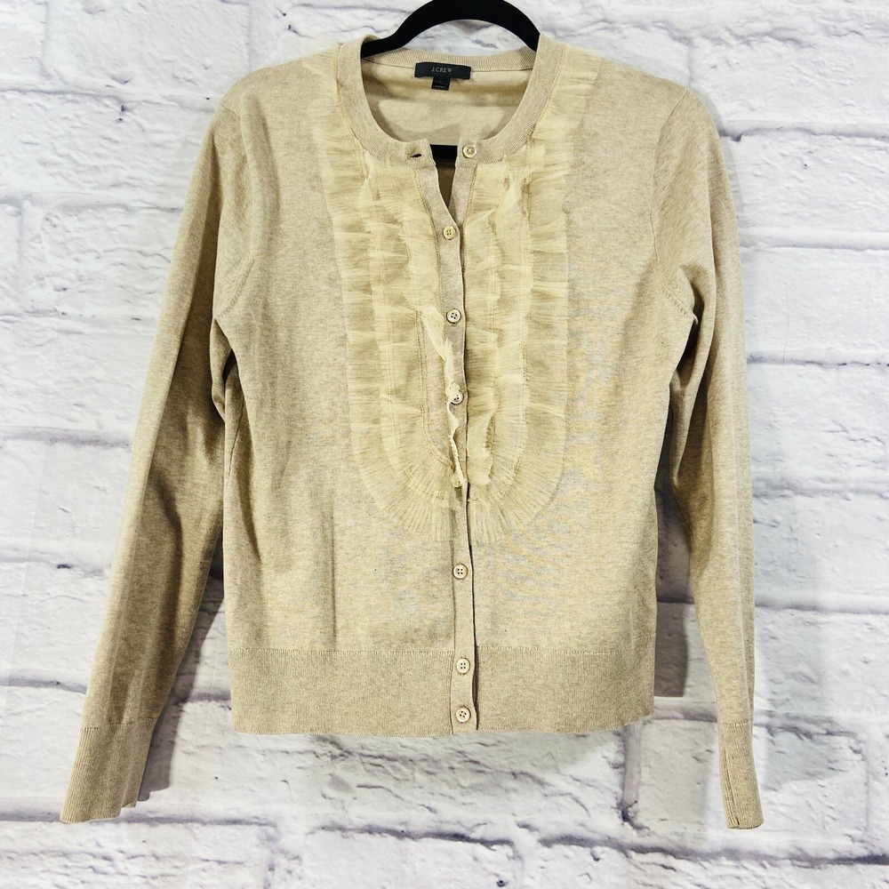 J. Crew Sweater Women's Large Beige Cardigan Button Up Tulle Details Long Sleeve